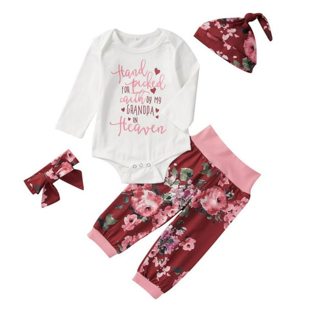 Baby Girls Clothes Set Letter Print Hooded Tops Floral Pants Headband Outfit Set